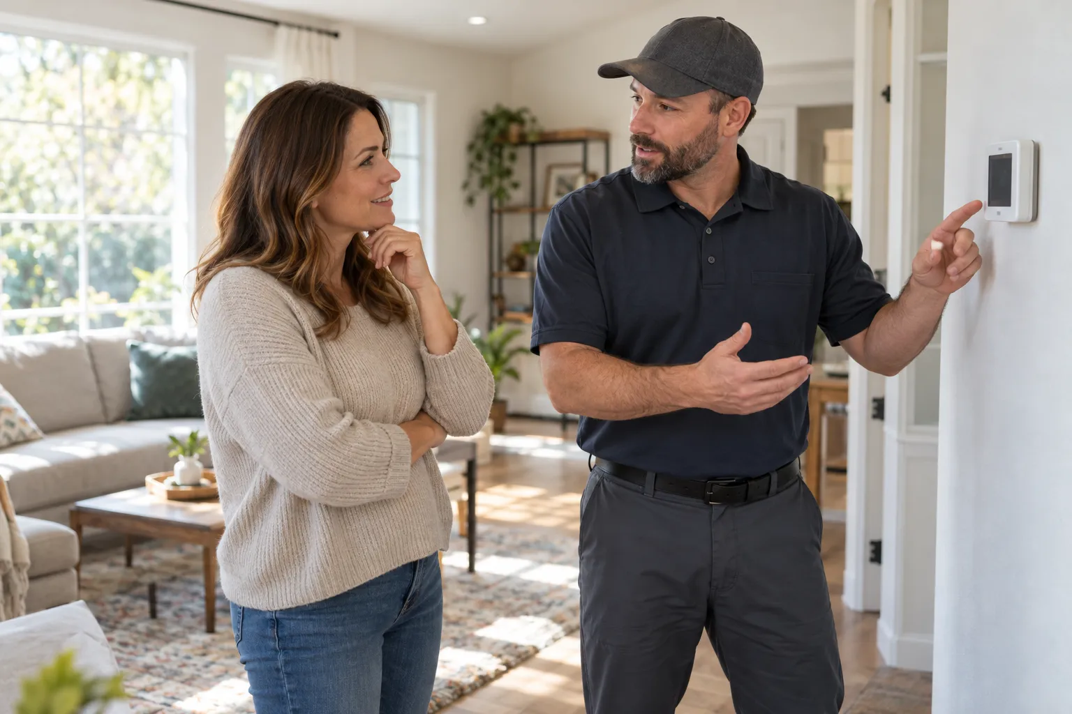 A homeowner talking with a local HVAC provider near the thermostat